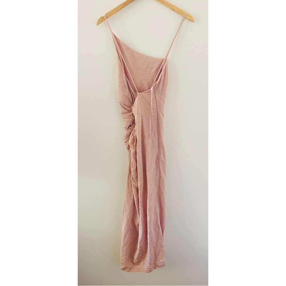 Anthropologie Ruched Asymmetrical Dress Pink Linen Blend - Picture 2 of 9